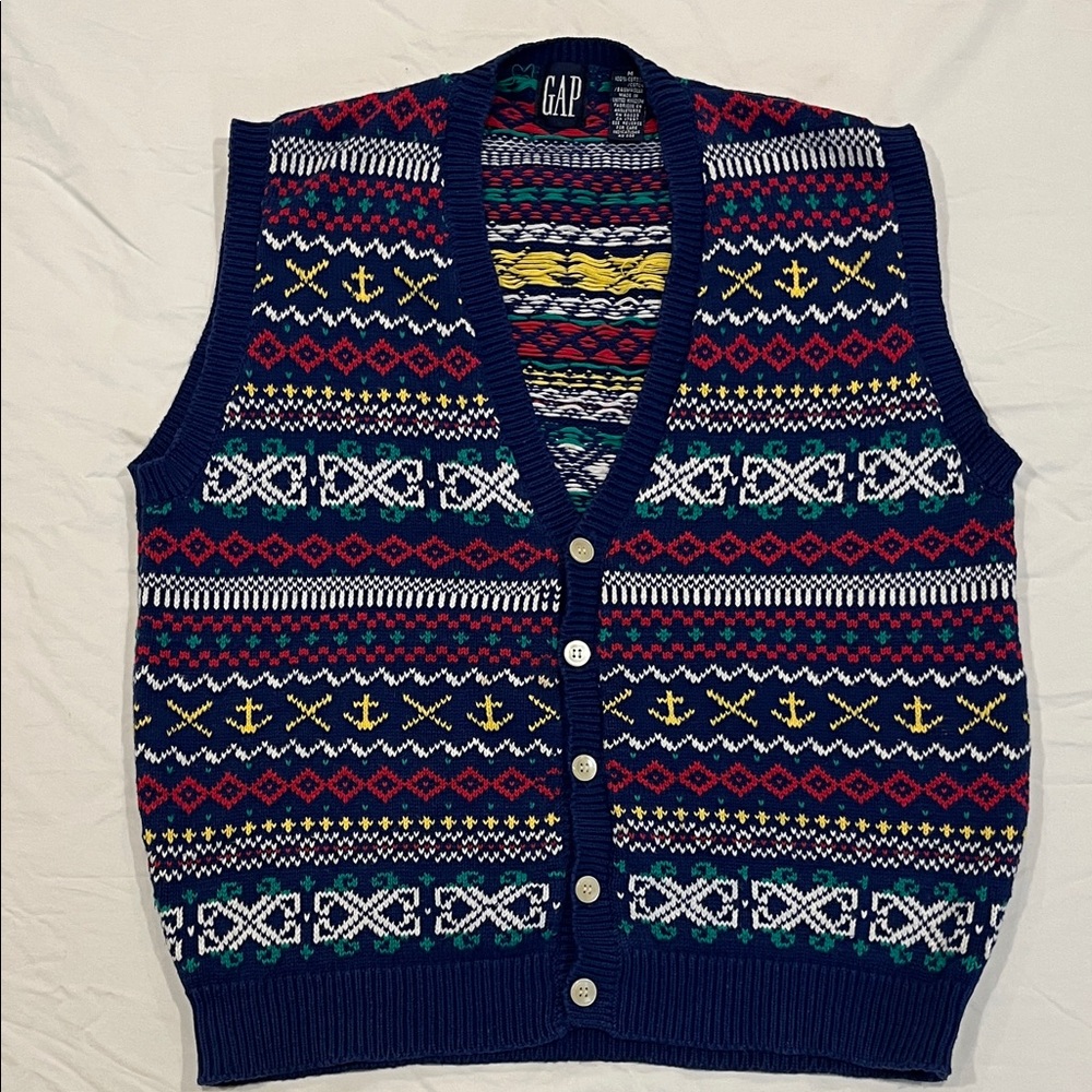 GAP Vintage Navy Nautical Fair Isle Button-Up Knit Vest M